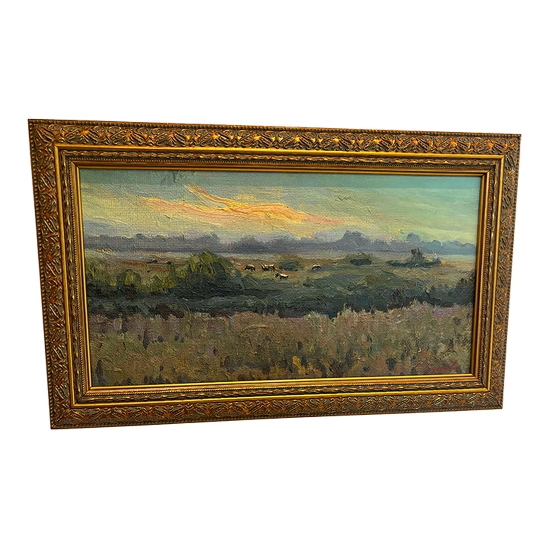Signed European Impressionist Pastoral Oil Painting With Cows, Framed: Signed vintage European impressionist oil painting on board with cows in background and lovely sky and horizon. Unable to make out artist signature. Pleasing painting. 16" x 9.5" Condition: Original C