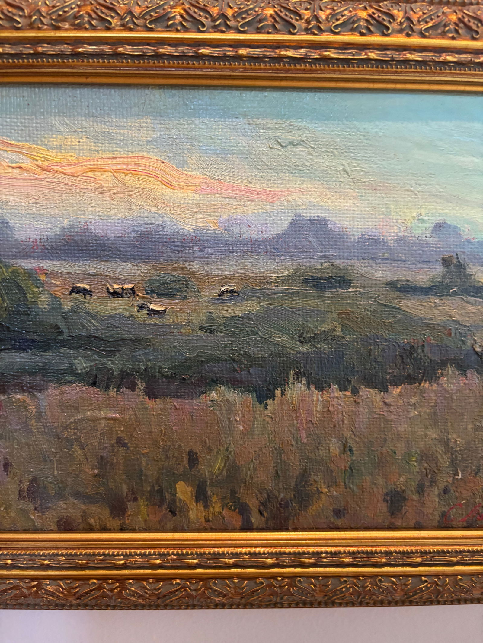 Signed European Impressionist Pastoral Oil Painting With Cows, Framed - 5