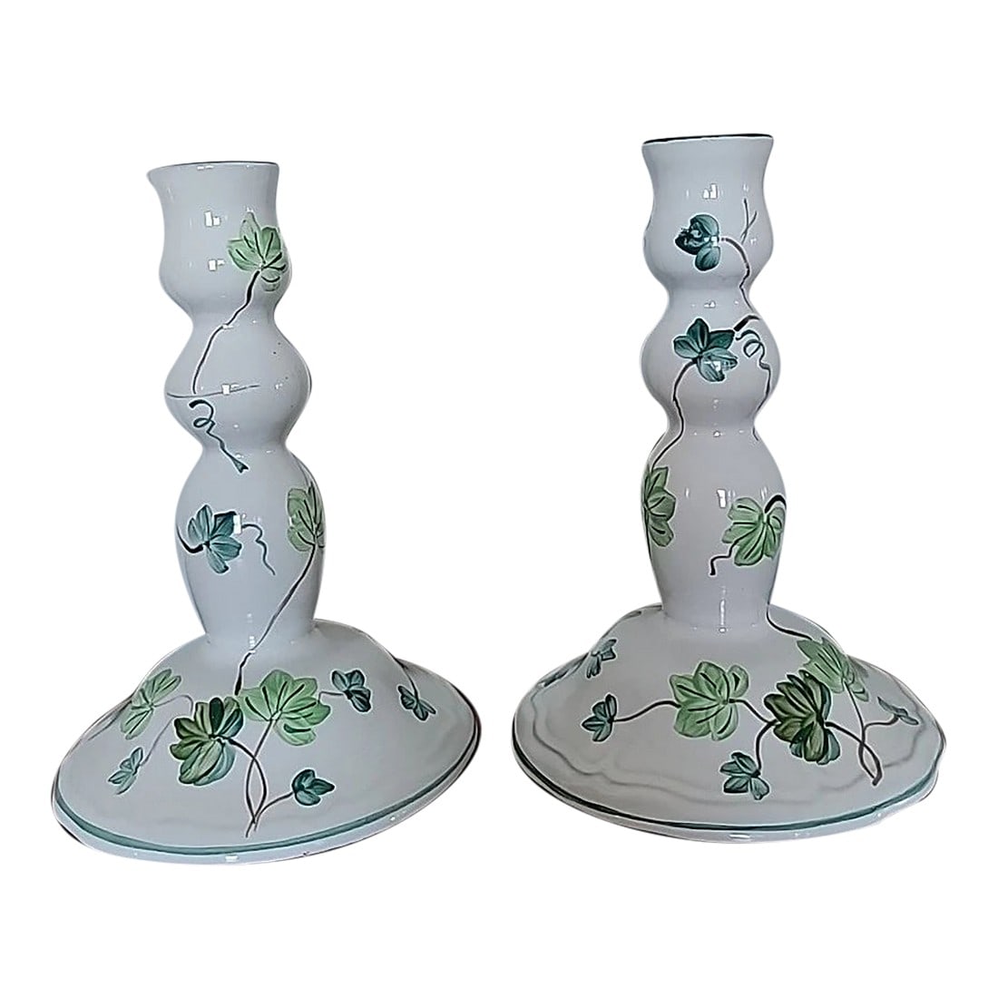 Vintage Herend Hungary Ivy Candlestick Single Candle Holder-Pair: Exquisite and rare pair of Herend single-light candlesticks in the delicate Ivy (Fond Ivre) pattern - a graceful green ivy vine design hand-painted on flawless white porcelain with 24k gold accents. 