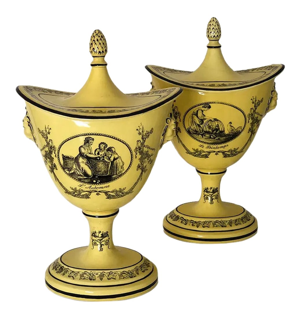 Mottahedeh Yellow Ceramic Cachepots - a Pair for the Fireplace Mantel: A stunning pair of black & canary yellow ceramic Italian cachepots / lided compotes with artichoke topped lids. Maker's mark on bottom, Mottahedeh Italian design. Inspired by Greek and Roman art, thes