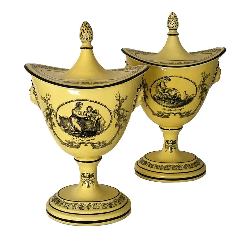 Mottahedeh Yellow Ceramic Cachepots - a Pair for the Fireplace Mantel - 4