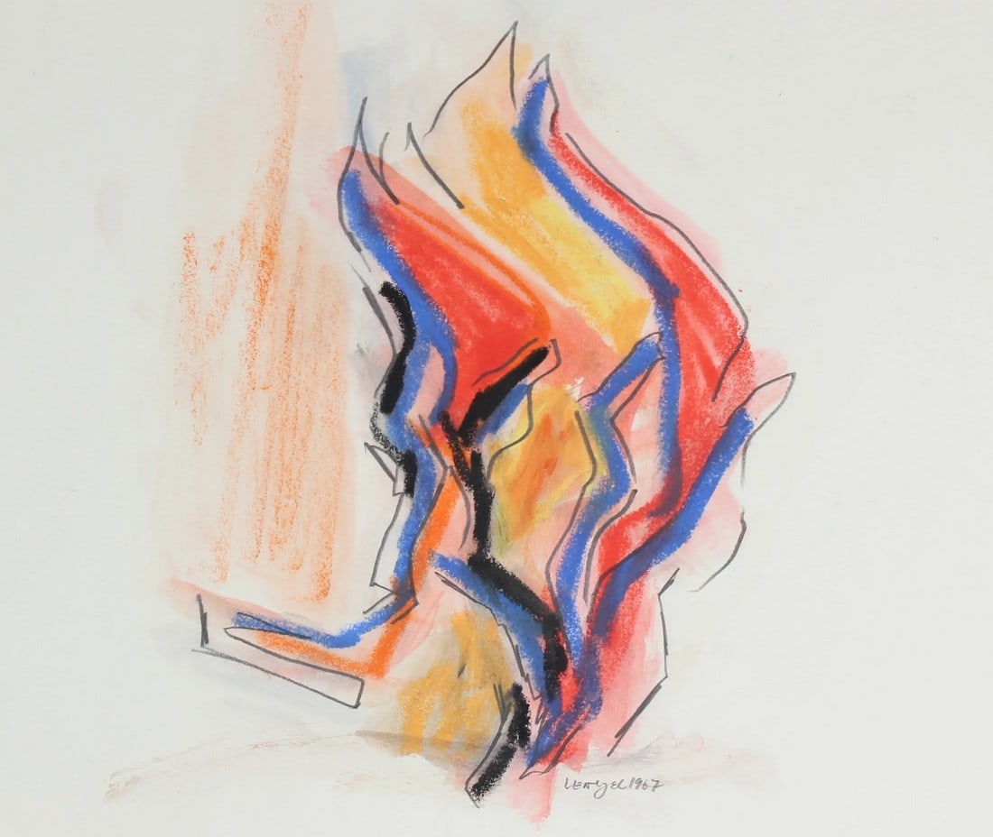 Oil Pastel Abstracted Figures, 1967: This 1967 oil pastel and graphite on paper drawing is by Bay Area painter and sculptor, Laura Lengyel (b. 1946). She studied at Oakland's Mills College and later moved to Mendocino. From 1968-1973, Le