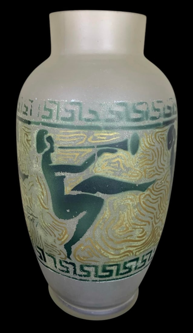 French Art Deco Nudes Playing Horns Opaline Vase Signed Loti Nancy C 1920 - 2