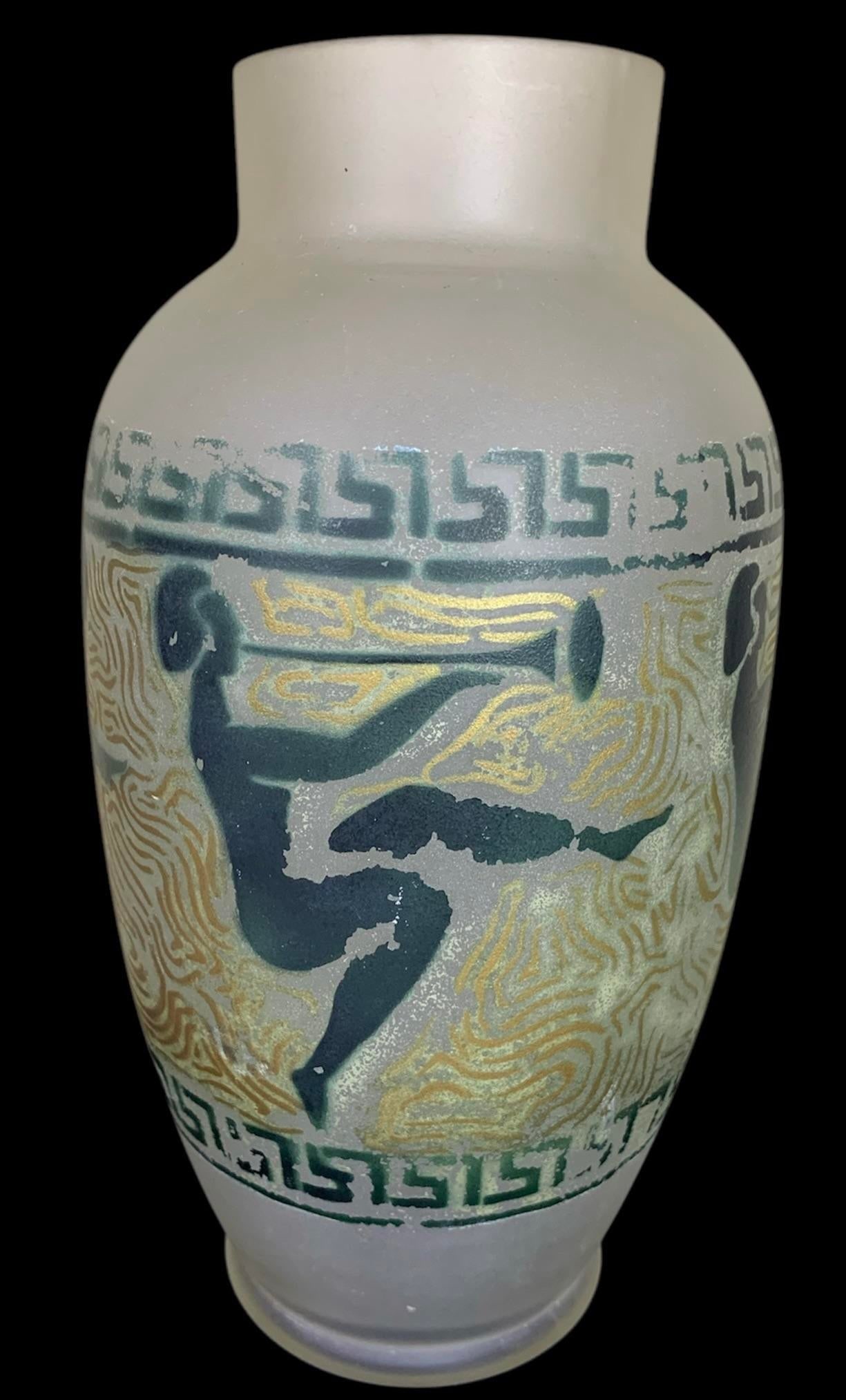 French Art Deco Nudes Playing Horns Opaline Vase Signed Loti Nancy C 1920 - 4