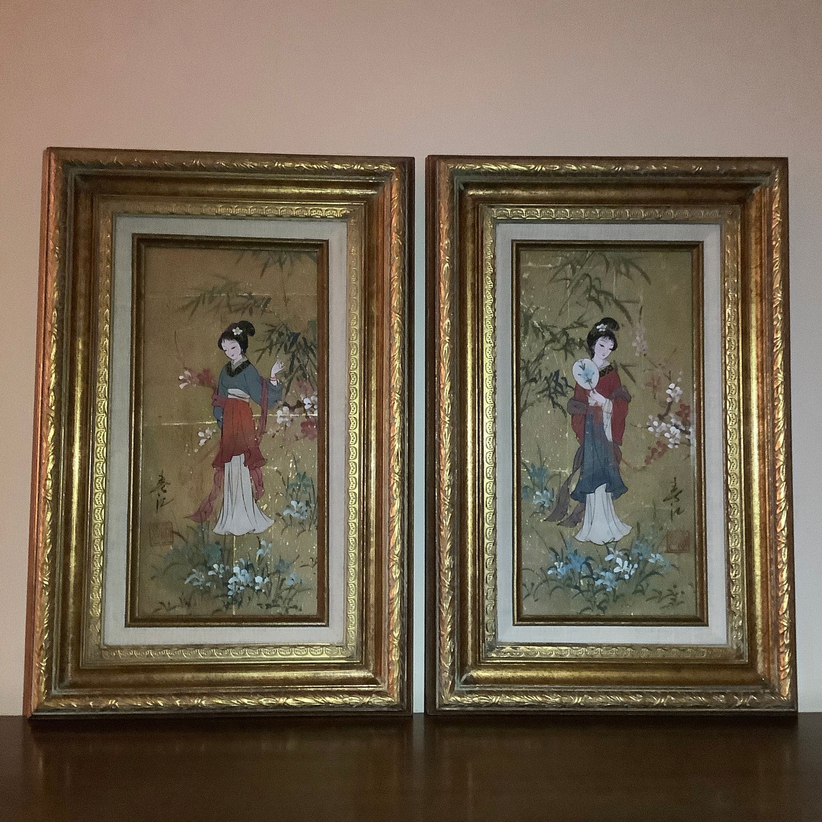Custom Framed Oriental Princesses Oil on Cork - a Pair - 10