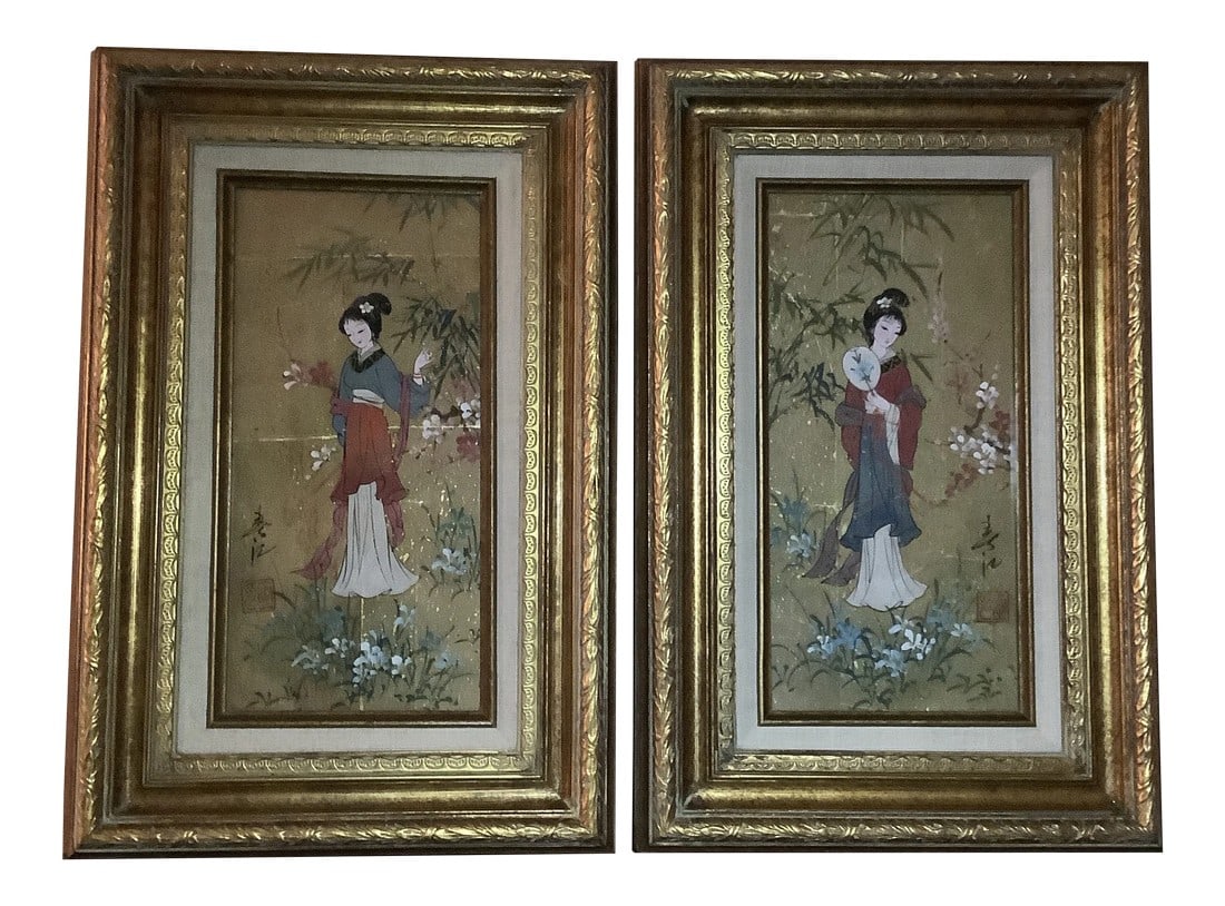Custom Framed Oriental Princesses Oil on Cork - a Pair (1 of 10)