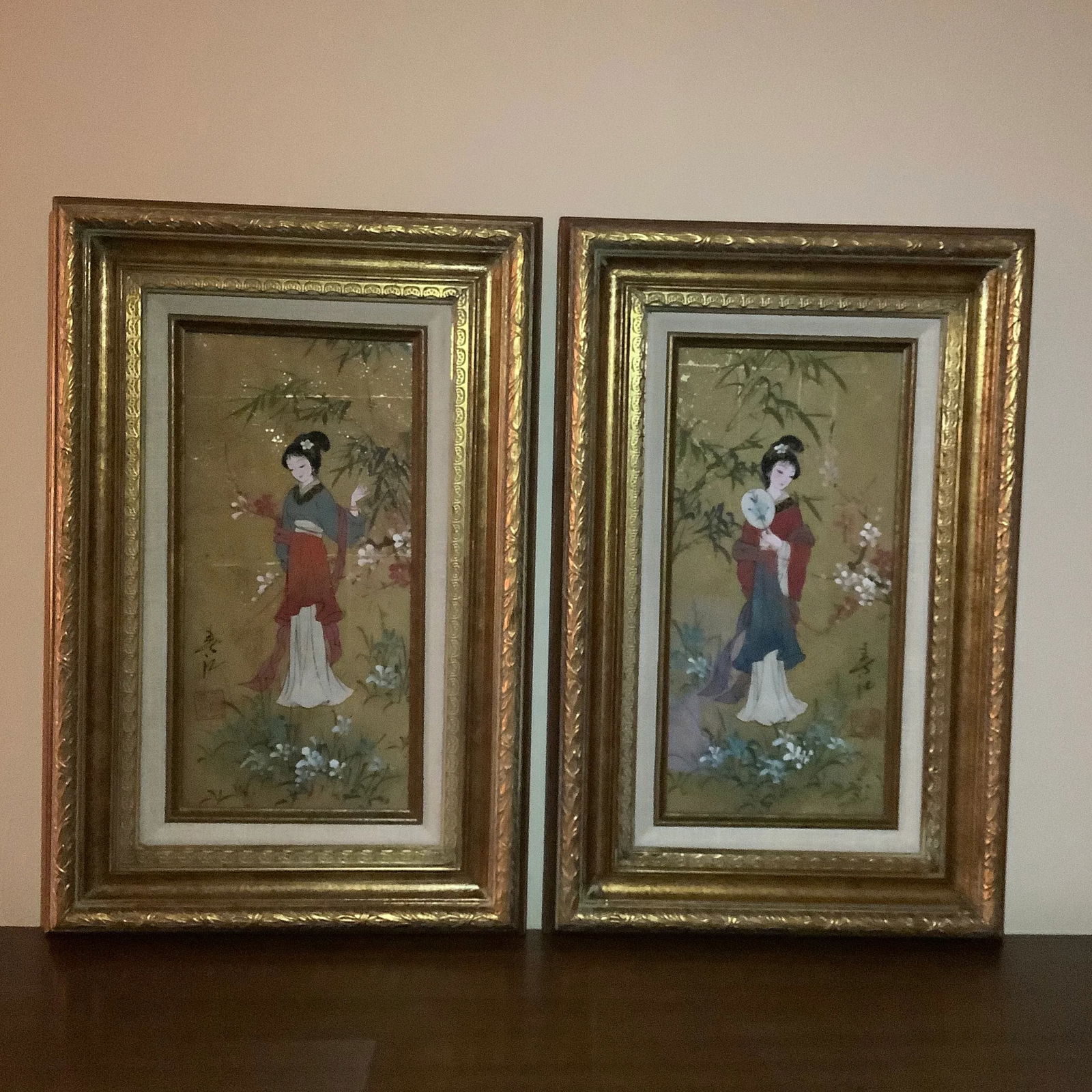 Custom Framed Oriental Princesses Oil on Cork - a Pair - 2
