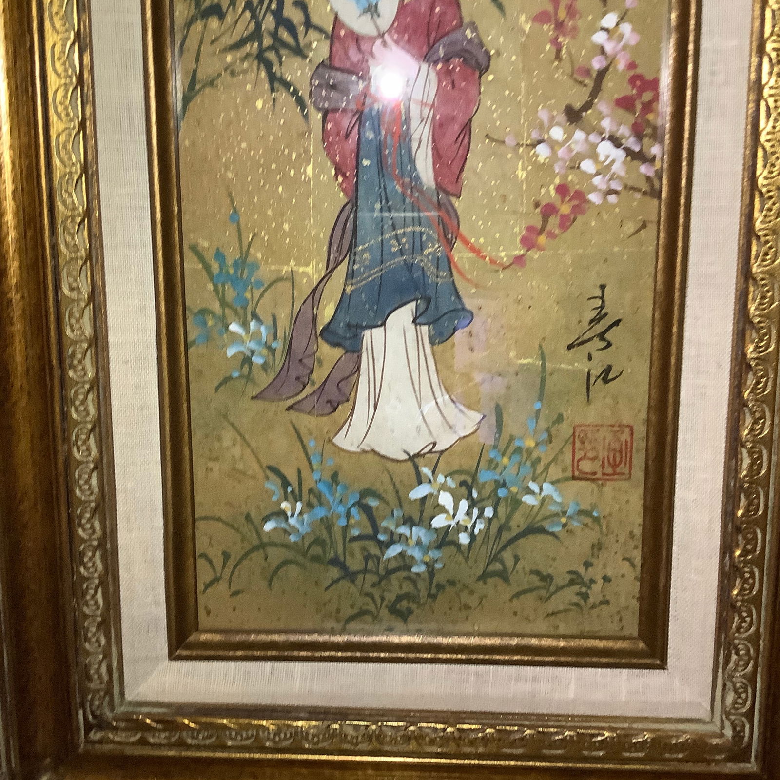 Custom Framed Oriental Princesses Oil on Cork - a Pair - 3