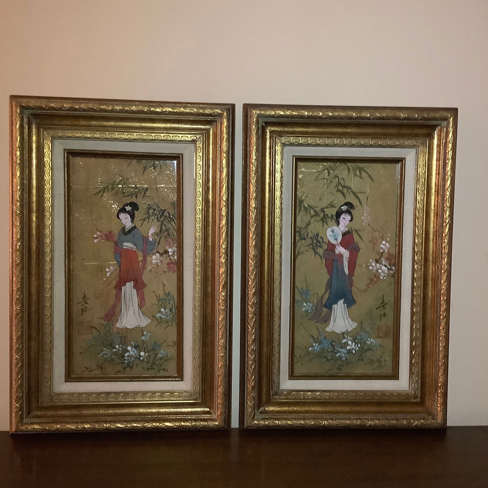 Custom Framed Oriental Princesses Oil on Cork - a Pair - 5