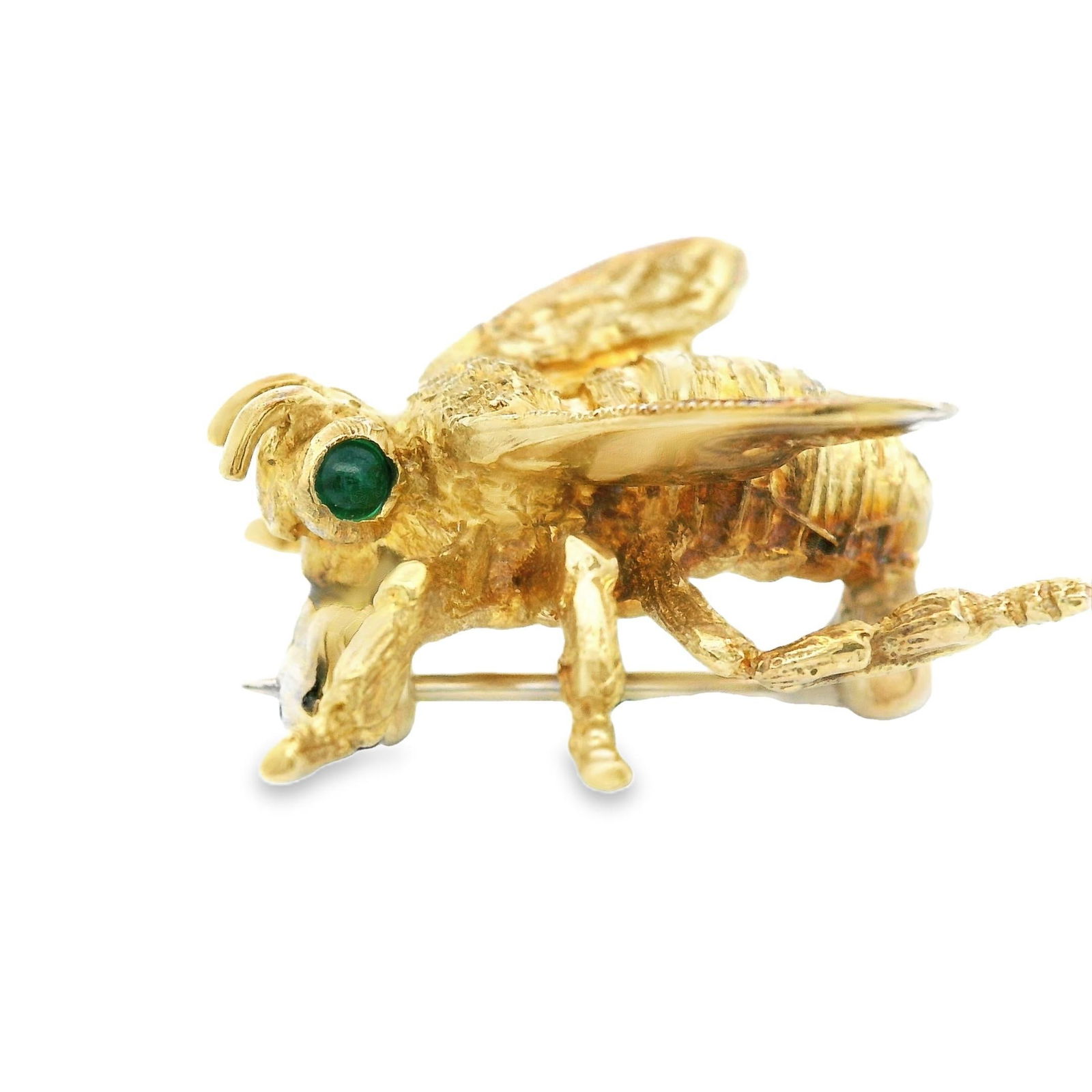 1980s 14k Yellow Gold & Emerald Bee Brooch - 2