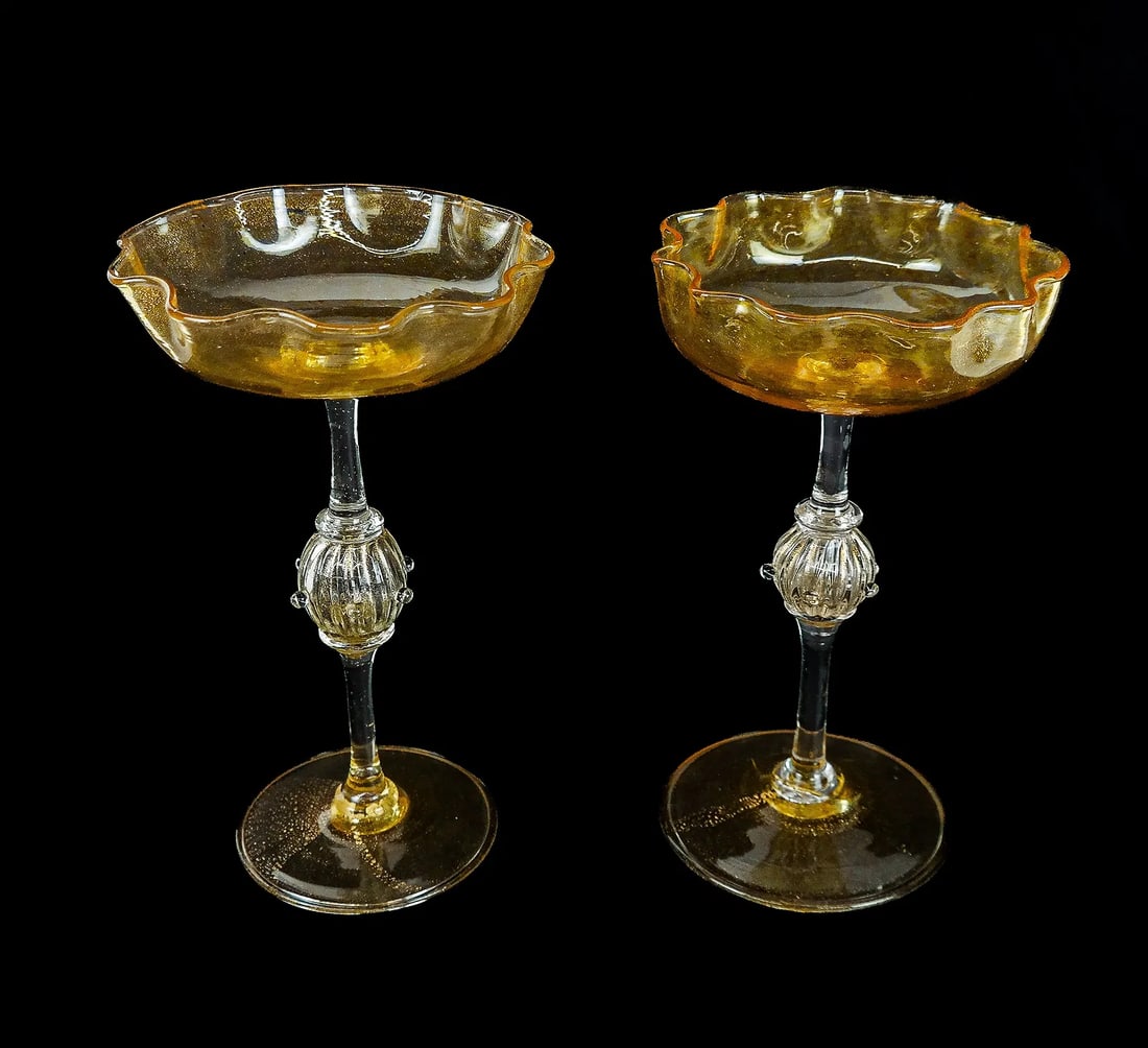 Pair of 1930s Venetian Art Glass Colorless and Gold Flecked "Aventurine" - 2