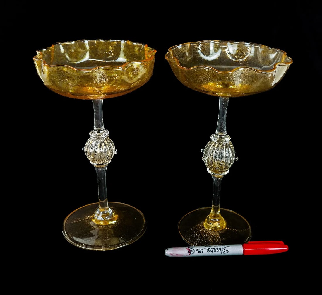 Pair of 1930s Venetian Art Glass Colorless and Gold Flecked "Aventurine" - 7