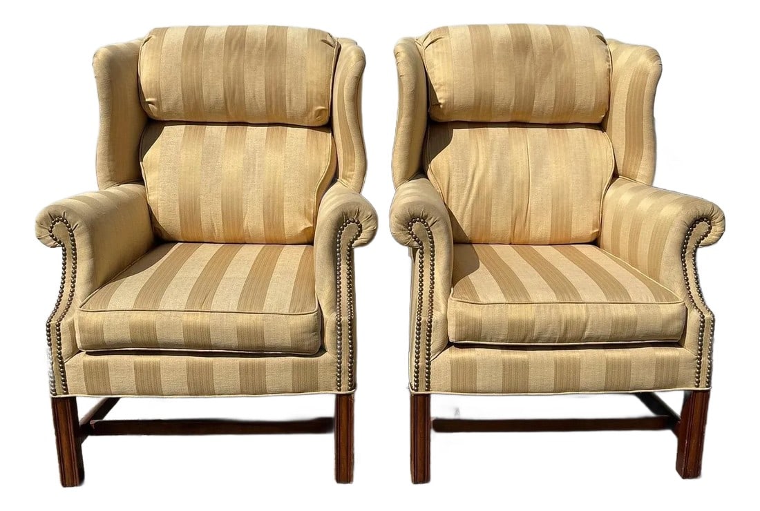 Late 20th Century Pair of Vintage Wingback Armchairs: Fabulous set of lounge chairs with classic wing back / wingback wood frames and great design. Covered in newer upholstery. These armchairs have phenomenal character and style plus are very well made.