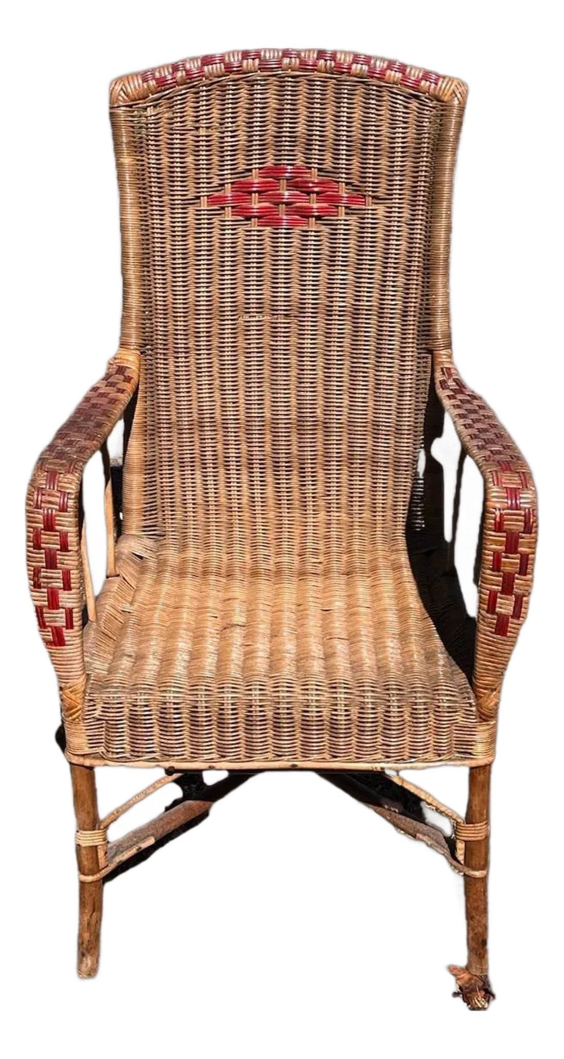 1920s Vintage High Back Armchair Bamboo Wicker Rattan Red Accents Mid Century: Vintage Mid Century High Back Arm Chair Bamboo / Wicker / Rattan with Red Accents Solid condition, great looking piece. See measurements below, Arms: 23" wide at front Seat: 17.5" tall at front 20" wi