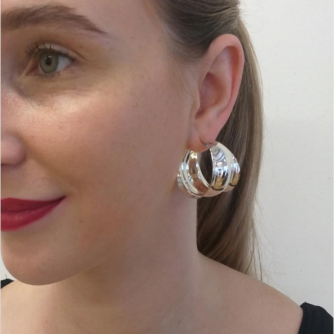 1990s Silver Hoops, Hammer Formed Sterling Silver Earrings, Gerhard Herbst Studio, Mid Century Style - 4