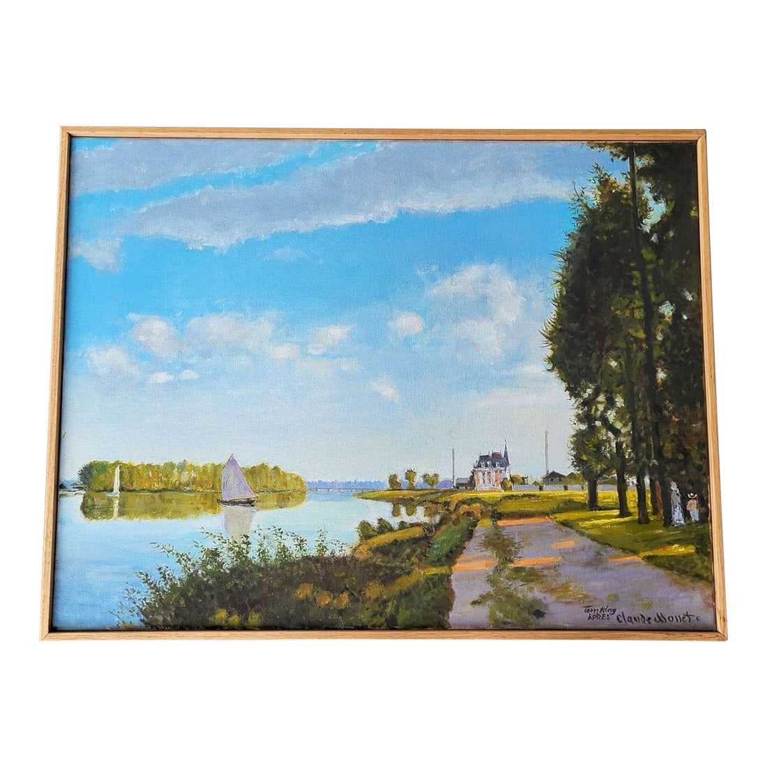 Painting After Monet by Tom King, Framed: This is a fantastic large simply framed painting by artist Tom King, after Claude Monet's painting. It is signed lower right as shown and depicts a serene lake view with sailboats and an estate at the