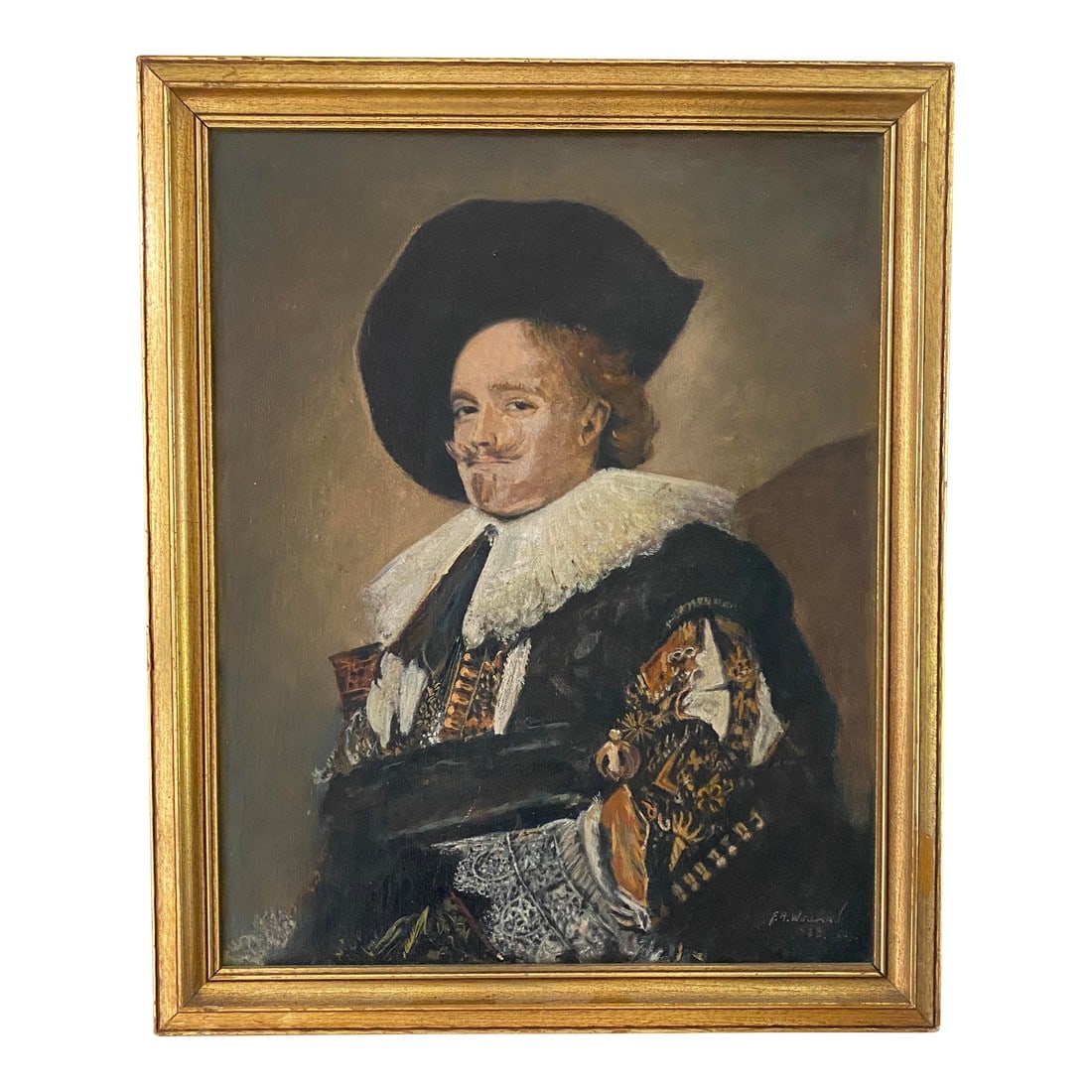 Mid 20th Century Oil Painting Inspired by "The Laughing Cavalier", Framed: Fun oil painting - Inspired by the original, 1624 Dutch Masterpiece - "The Laughing Cavalier" by Frans Hals. This antique oil painting is signed by F. H. Wellman, dated 1938. Seventeenth century paint