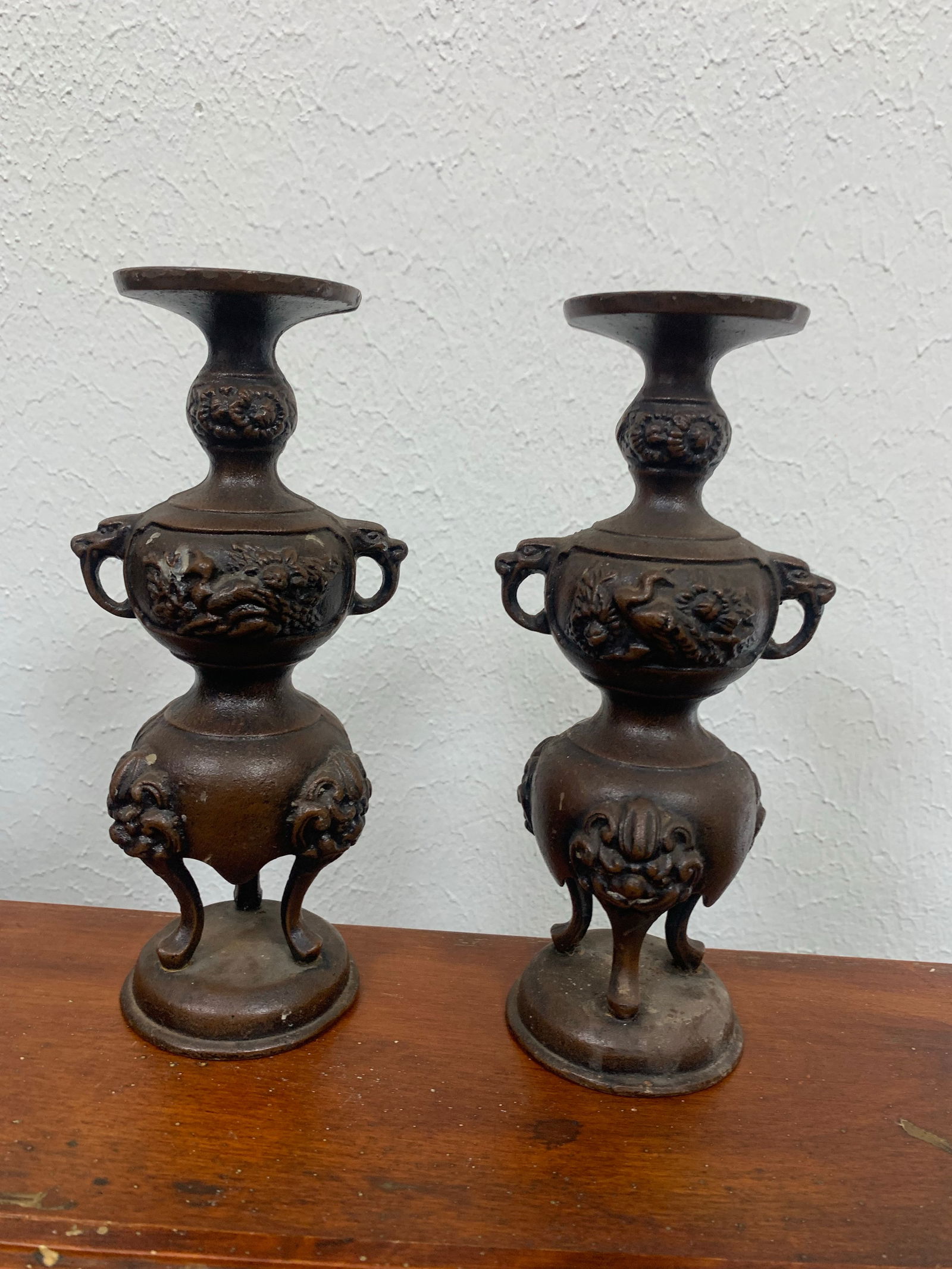 Vintage Japanese Bronze Candlesticks Incense Holders- a Pair - 2
