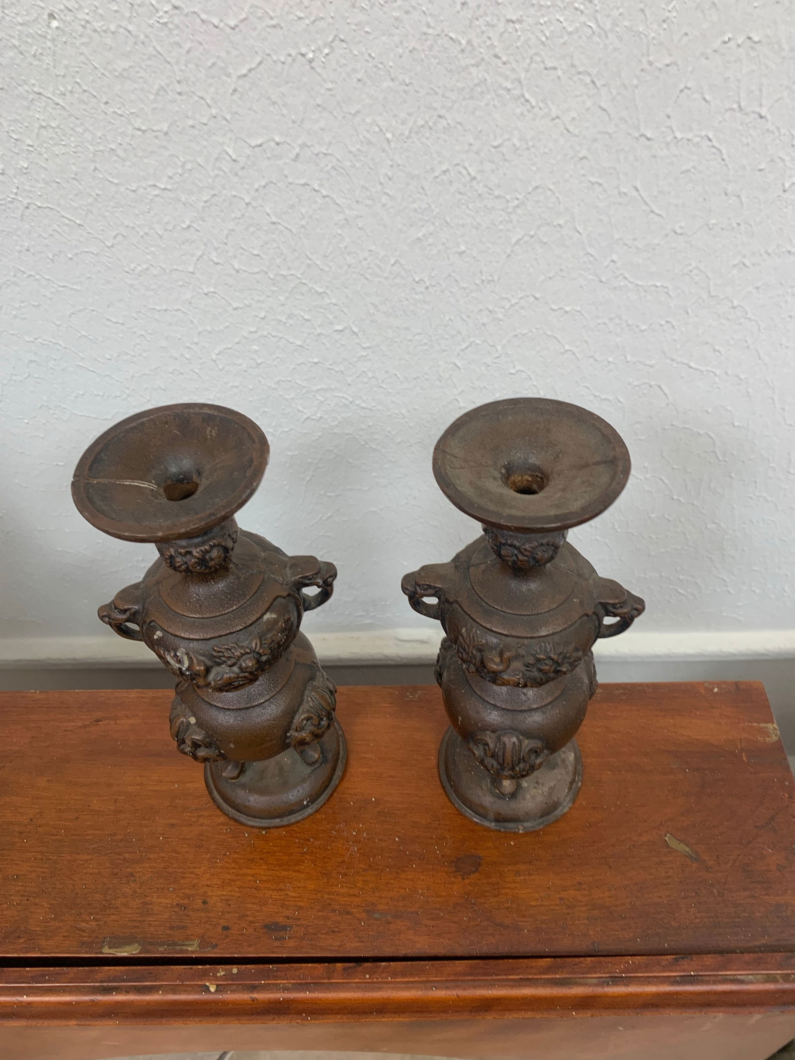 Vintage Japanese Bronze Candlesticks Incense Holders- a Pair - 4