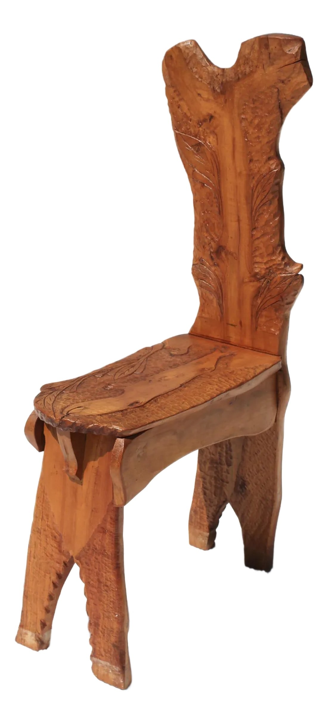 1930s Carved Folk Art Chair: One-of-a-kind handcarved folk art chair with details of leaves and possibly fictional animals. Unique shape similar to a spinning chair. Signed on the bottom Selah Wash 1938 which could be a name or r