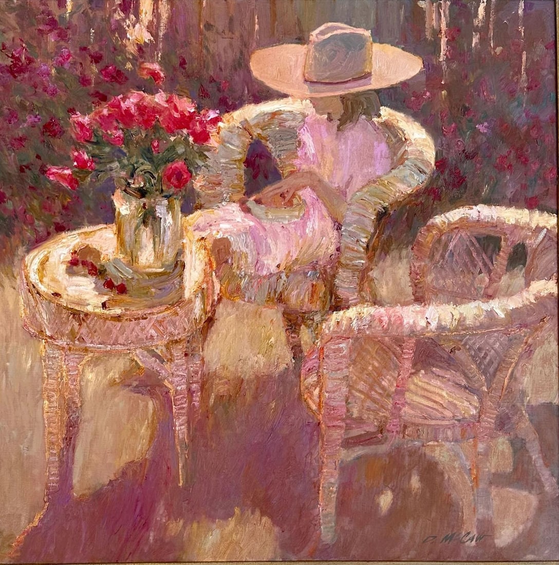 Mid 20th Century Mid Century Impressionist Oil Painting "Sunlit Woman Garden Bouquet" by Dan McC - 2