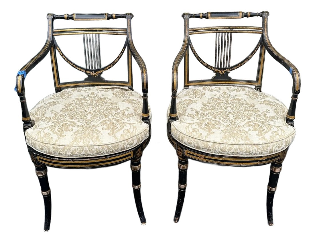 19th Century Pair of Regency Gilt Gold and Ebonized Black Arm Chairs (1 of 4)