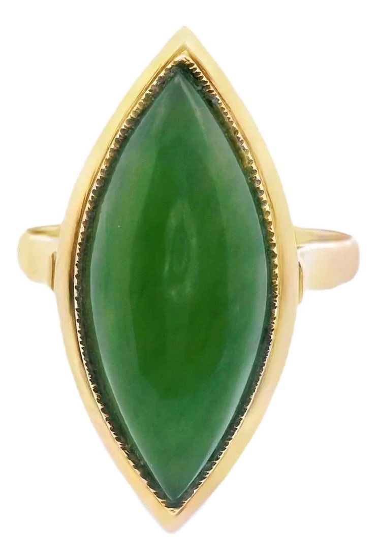 1970s 14k Yellow Gold Green Jade Cabochon Statement Ring, Size 8 (1 of 13)