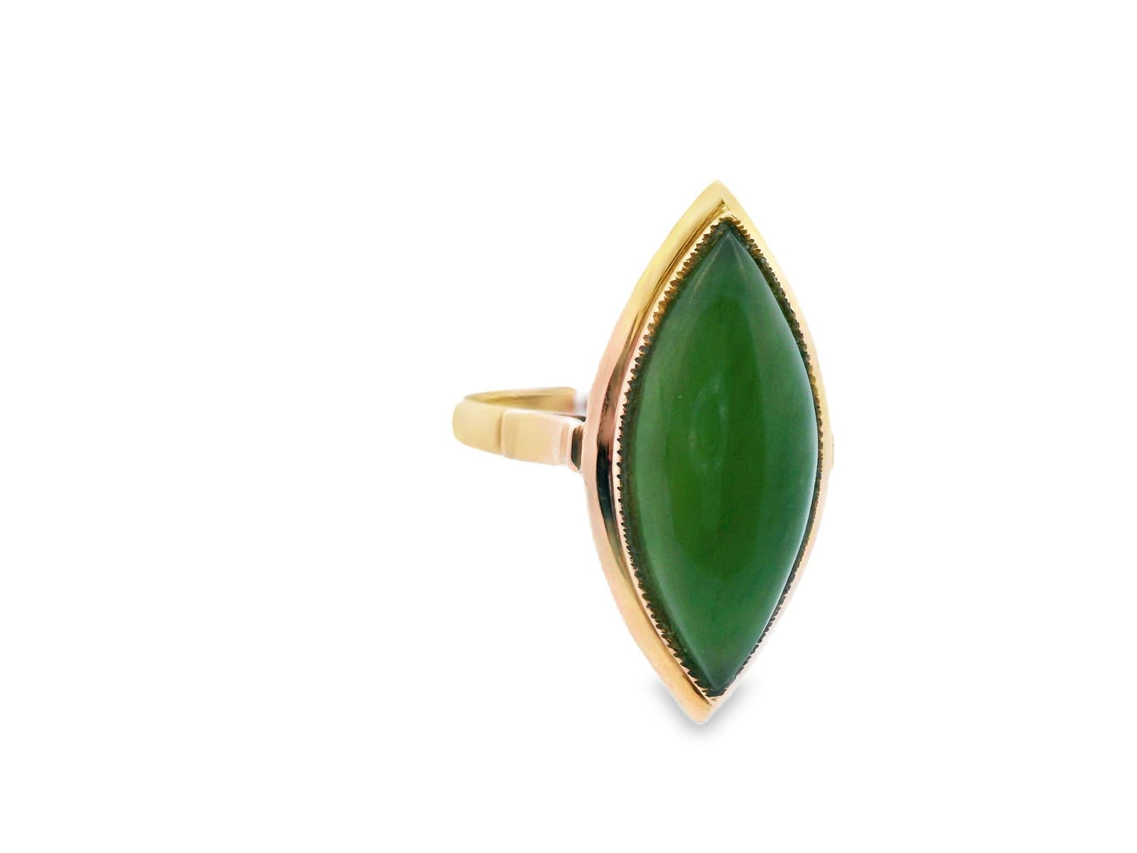 1970s 14k Yellow Gold Green Jade Cabochon Statement Ring, Size 8 - 2