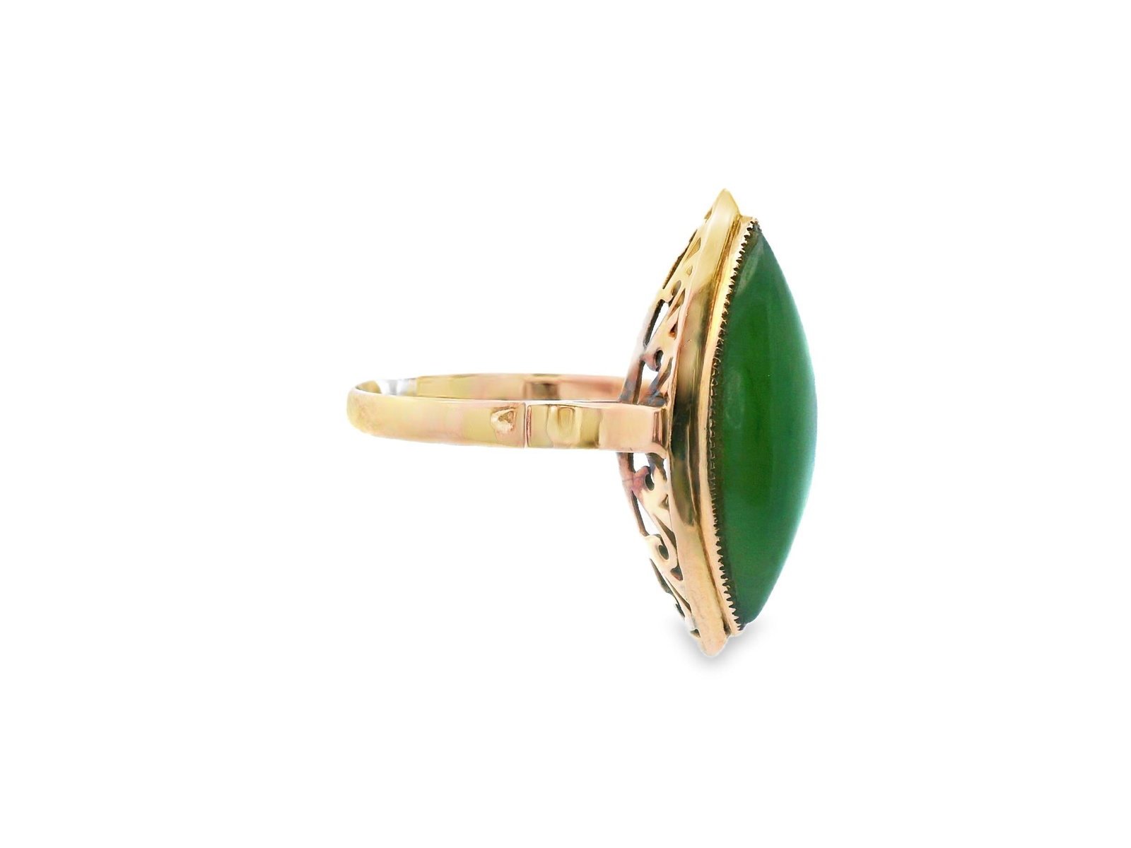 1970s 14k Yellow Gold Green Jade Cabochon Statement Ring, Size 8 - 4