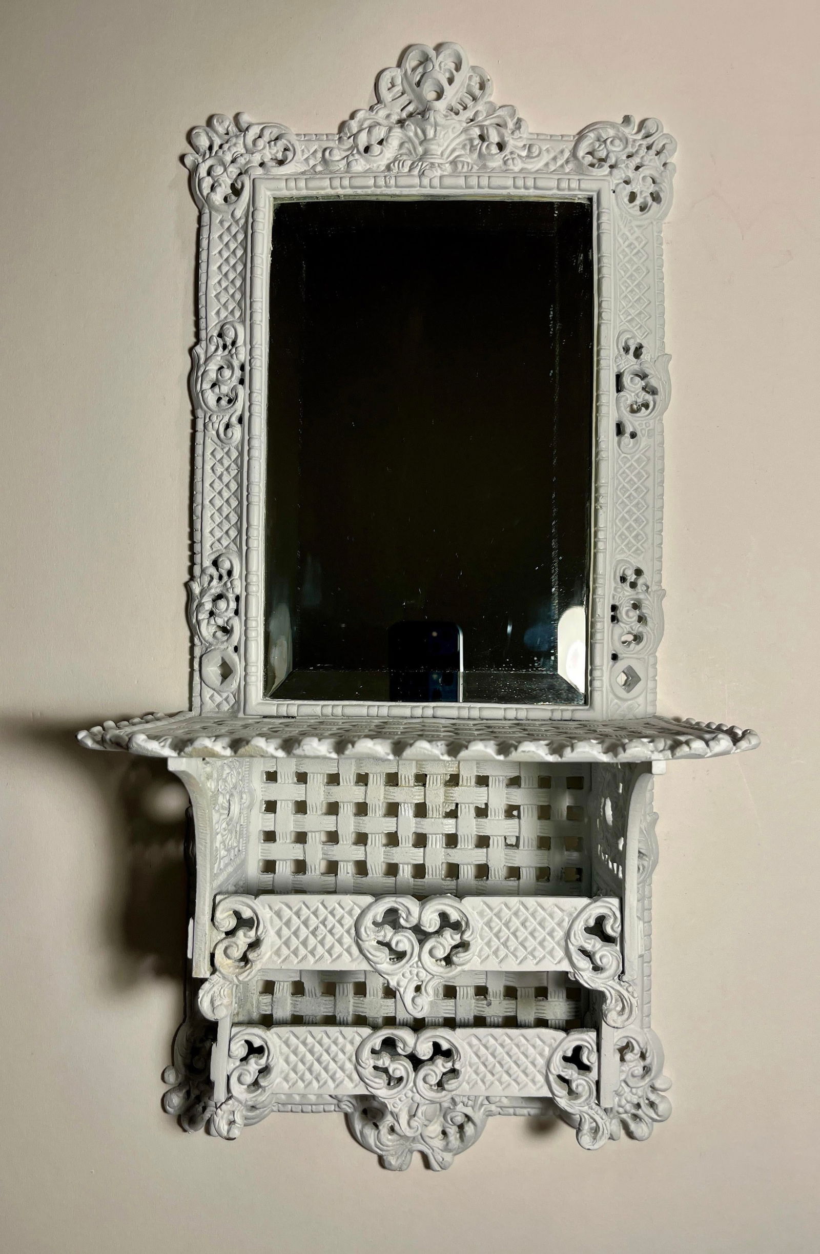 Antique French Provincial Cast Iron Wall Shelf Beveled Glass Shaving Mirror" - 2