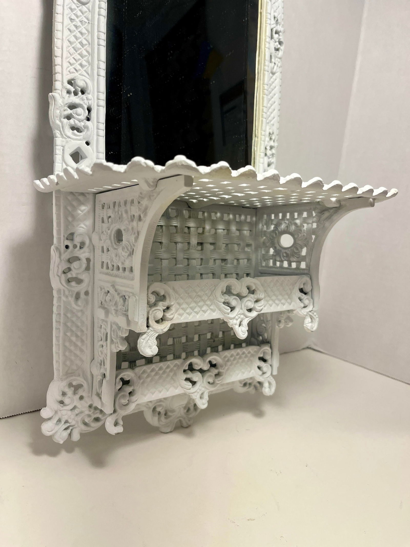 Antique French Provincial Cast Iron Wall Shelf Beveled Glass Shaving Mirror" - 3