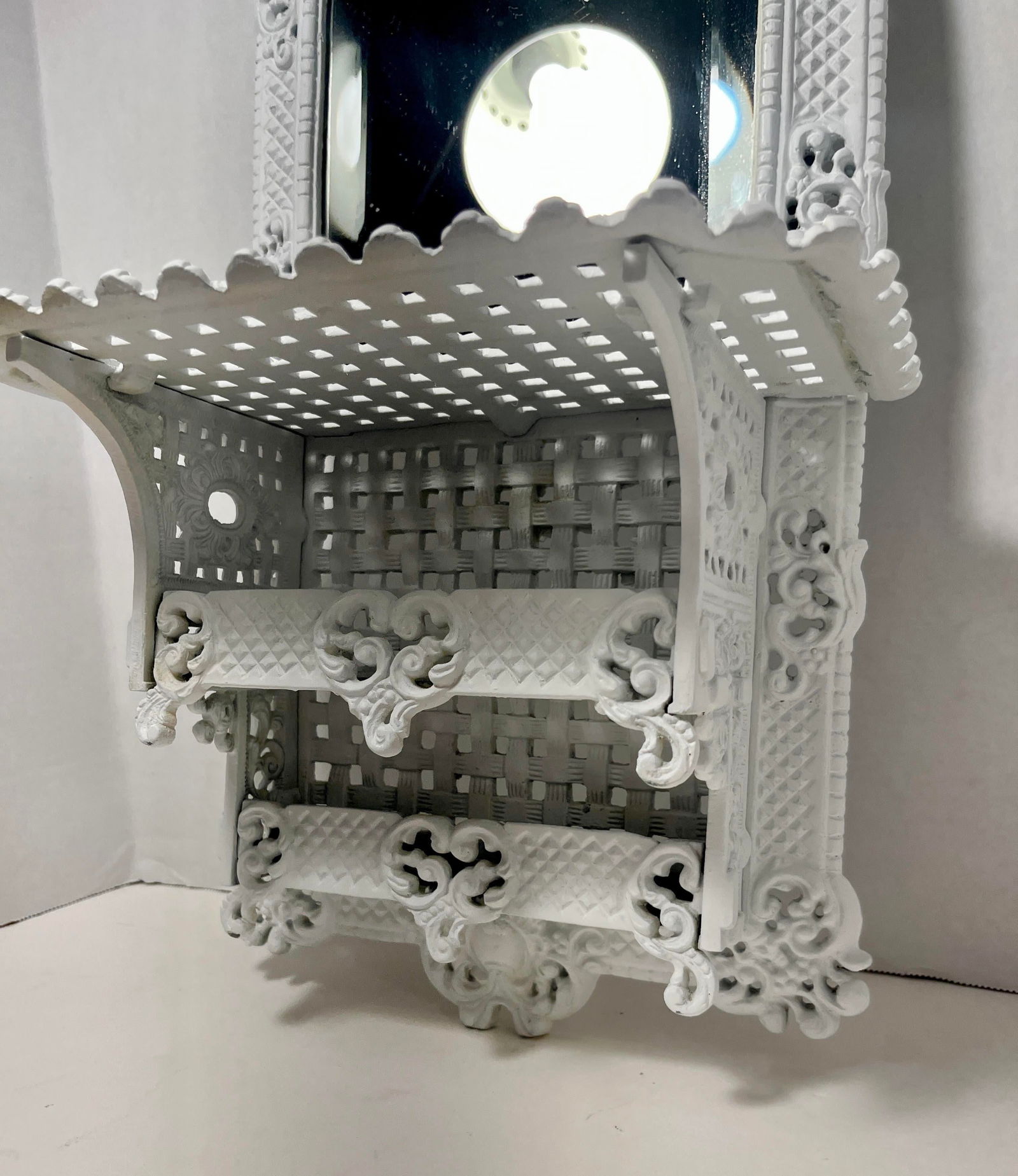 Antique French Provincial Cast Iron Wall Shelf Beveled Glass Shaving Mirror" - 4