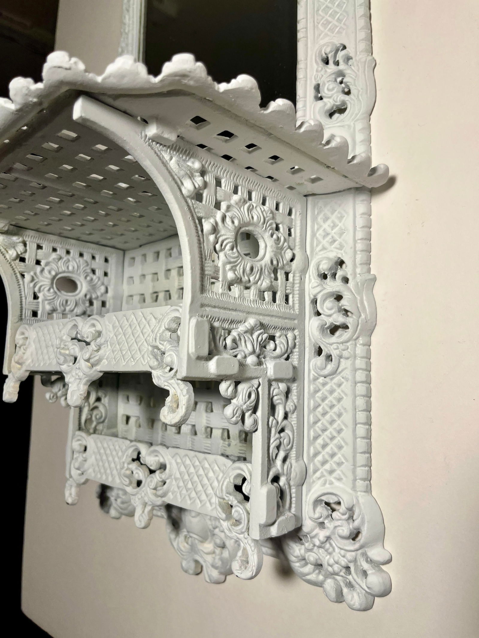 Antique French Provincial Cast Iron Wall Shelf Beveled Glass Shaving Mirror" - 5