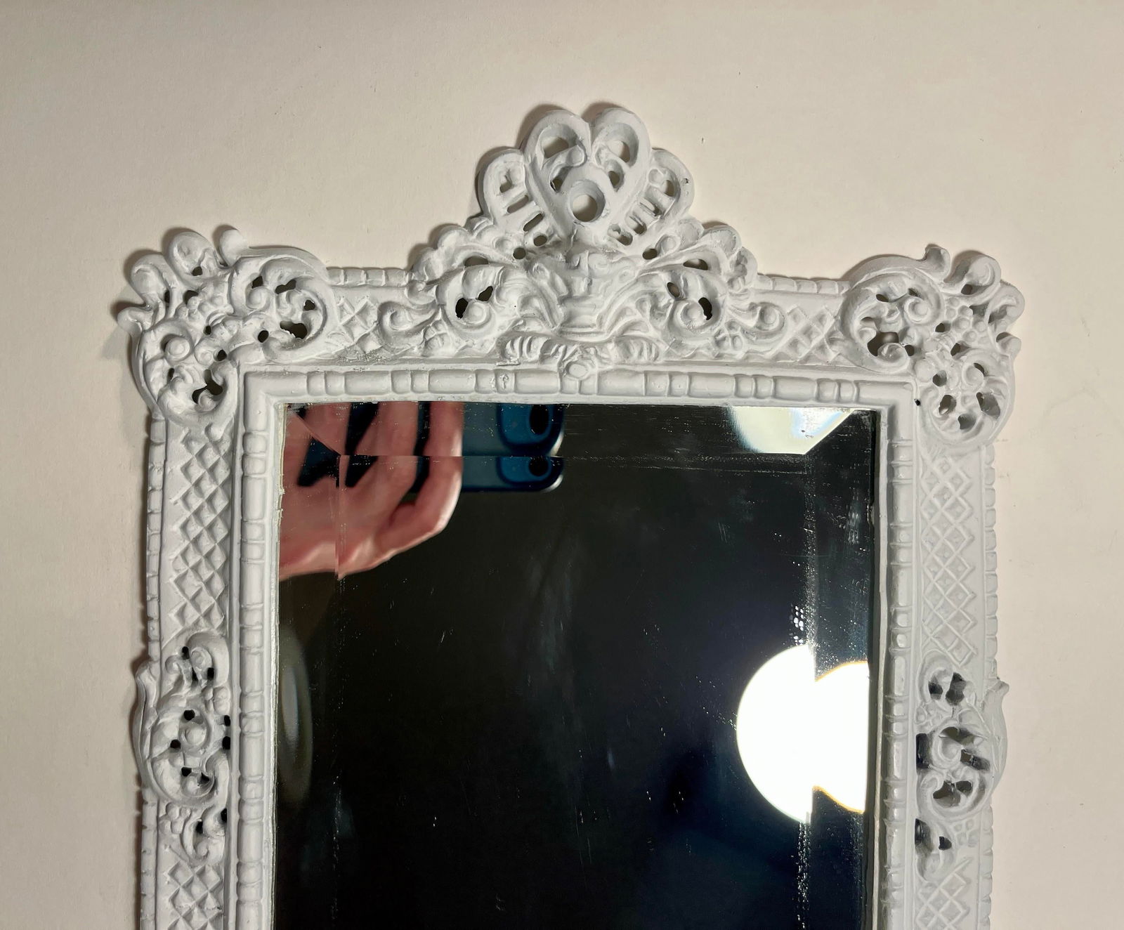 Antique French Provincial Cast Iron Wall Shelf Beveled Glass Shaving Mirror" - 7