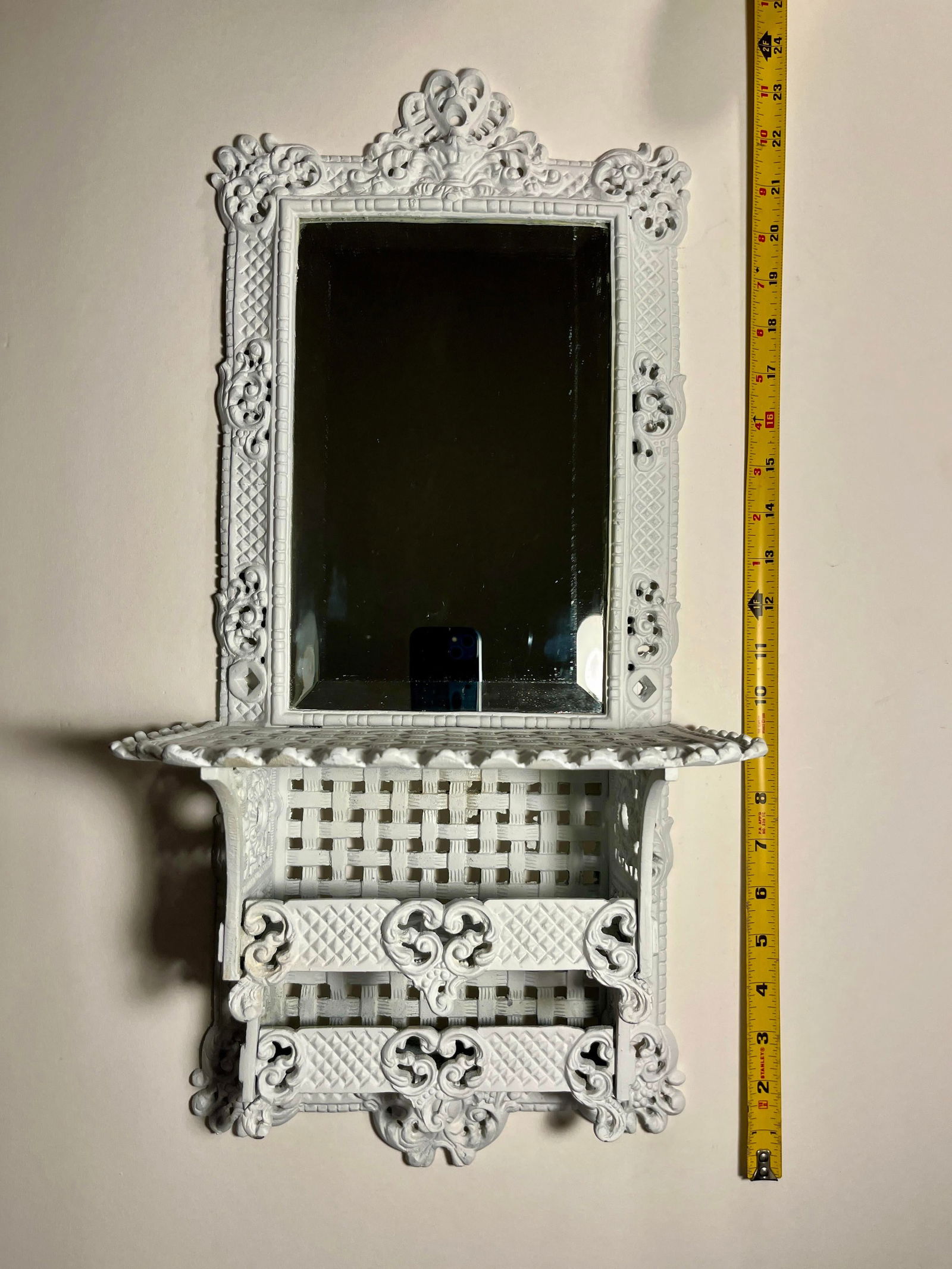 Antique French Provincial Cast Iron Wall Shelf Beveled Glass Shaving Mirror" - 8