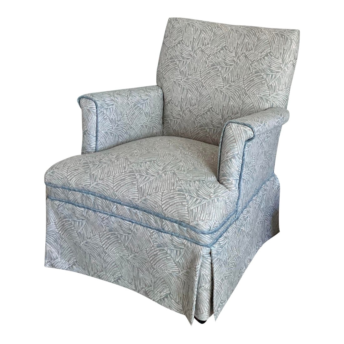 Newly Upholstered Vintage Club Chair: This lovely club chair is probably from the 1960s or 70s, but has been professionally reupholstered and is in excellent condition. The fabric is a woven cotton with a curvaceous, abstract design in a