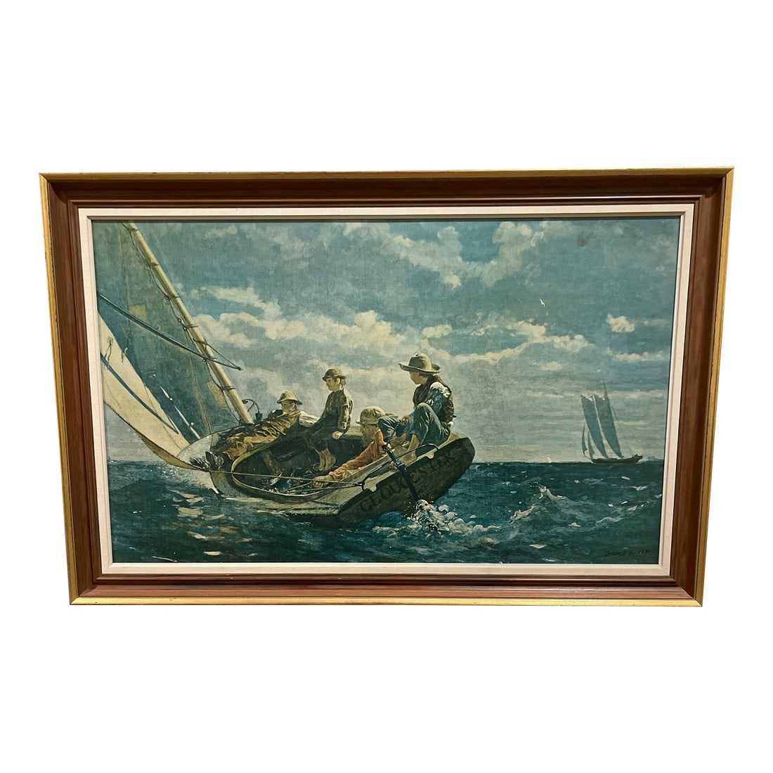1940s S. T. Preston & Sons, Inc. Reproduction Painting, Homer, Winslow. Breezing Up [A Fair Wind]": This is a framed, vintage, fine art reproduction on canvas. S.T. Preston & Son Inc. has been serving the needs of boaters, yacht owners and its crews for over 125 years. The company offers some of the