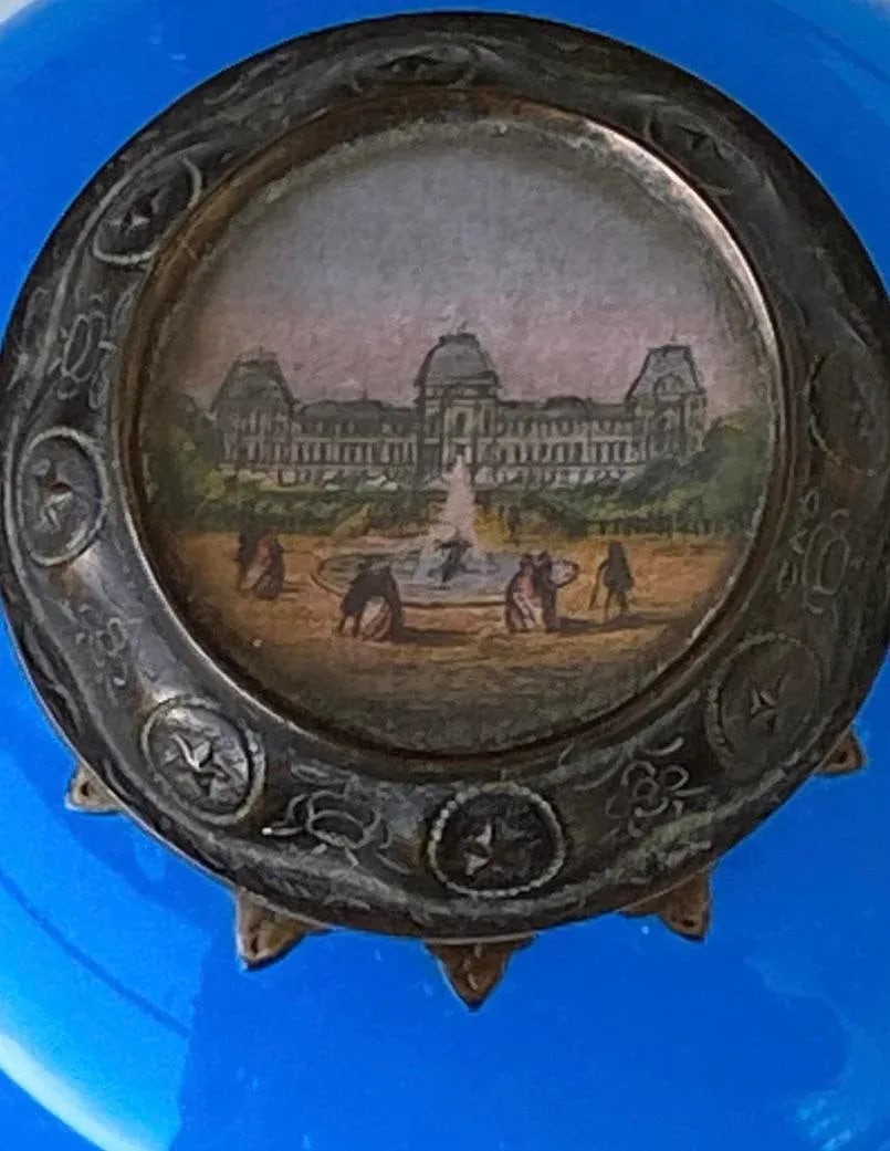 Antique French Blue Opaline Perfume Scent Bottle With Miniature Louvre Painting, Circa 1850, Perfume - 5