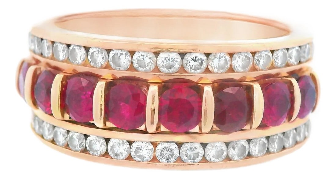 1980s 14k Yellow Gold Ruby & Diamond Band Ring, Size 6.75 (1 of 12)