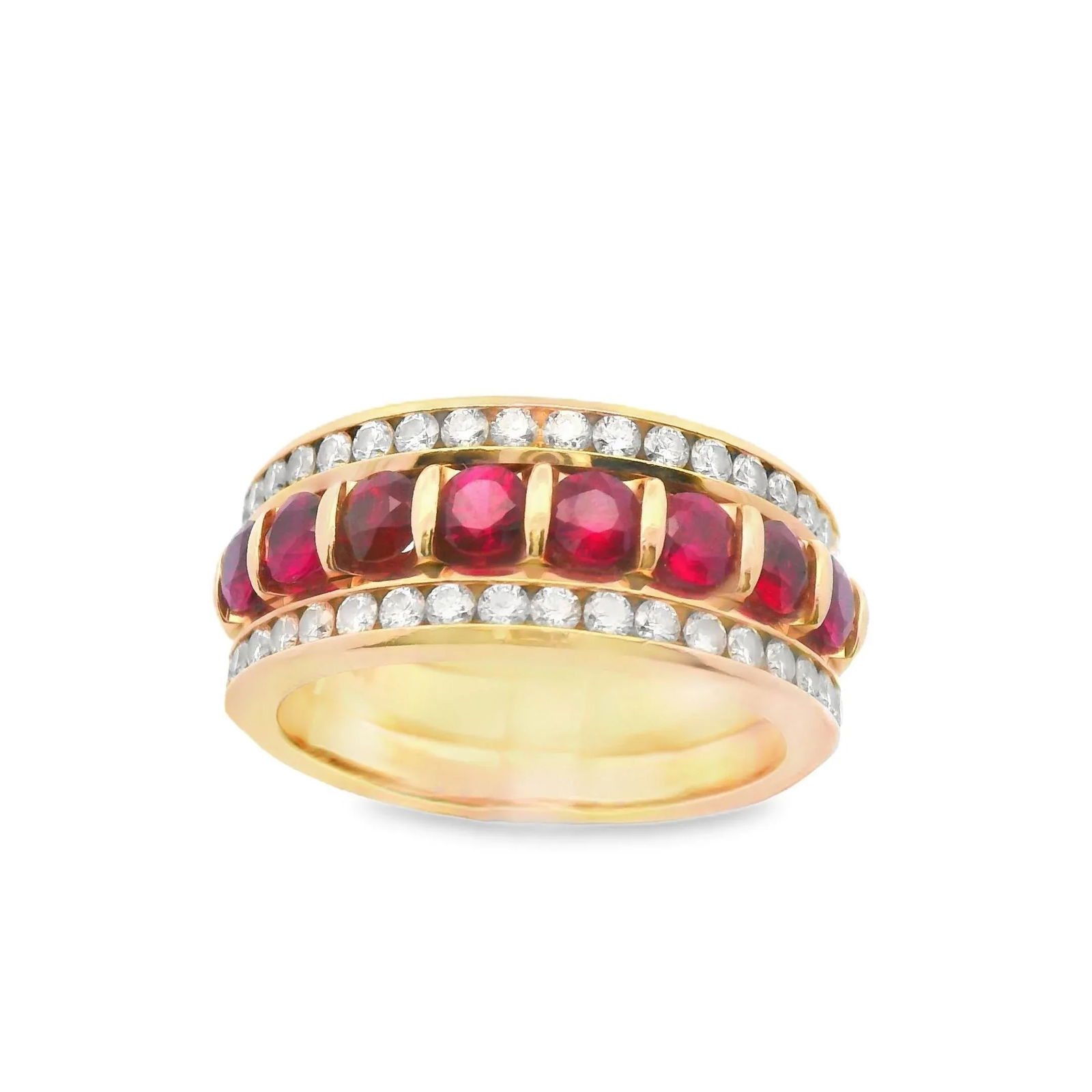 1980s 14k Yellow Gold Ruby & Diamond Band Ring, Size 6.75 - 5