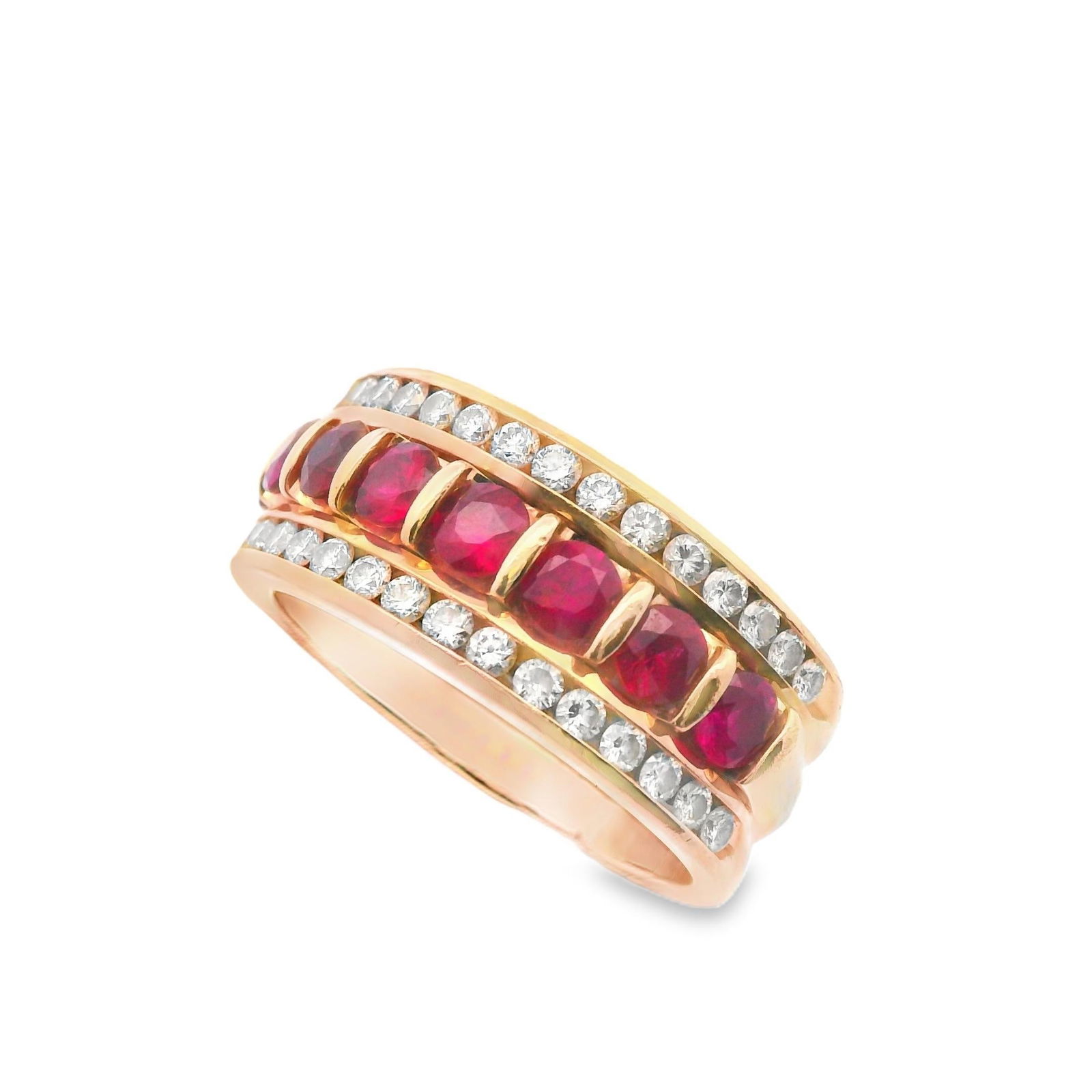 1980s 14k Yellow Gold Ruby & Diamond Band Ring, Size 6.75 - 7