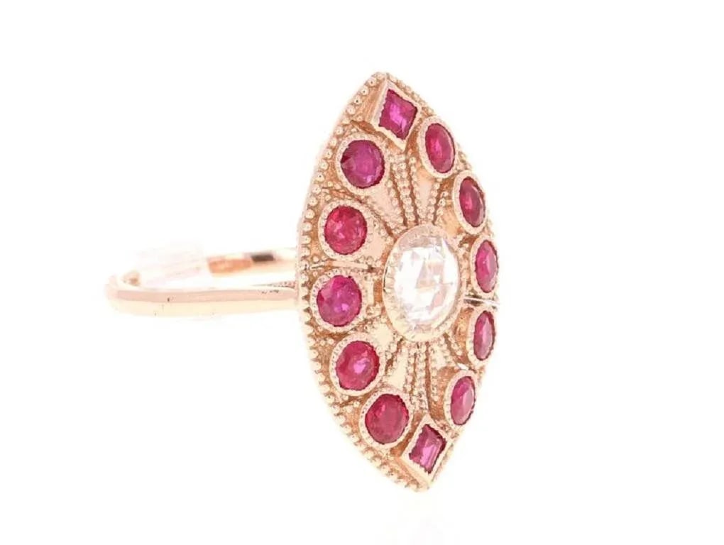 19th Century 2.09 Carat Ruby and Rose Cut Diamond 14 Karat Rose Gold Cocktail Ring, Size 7 - 2