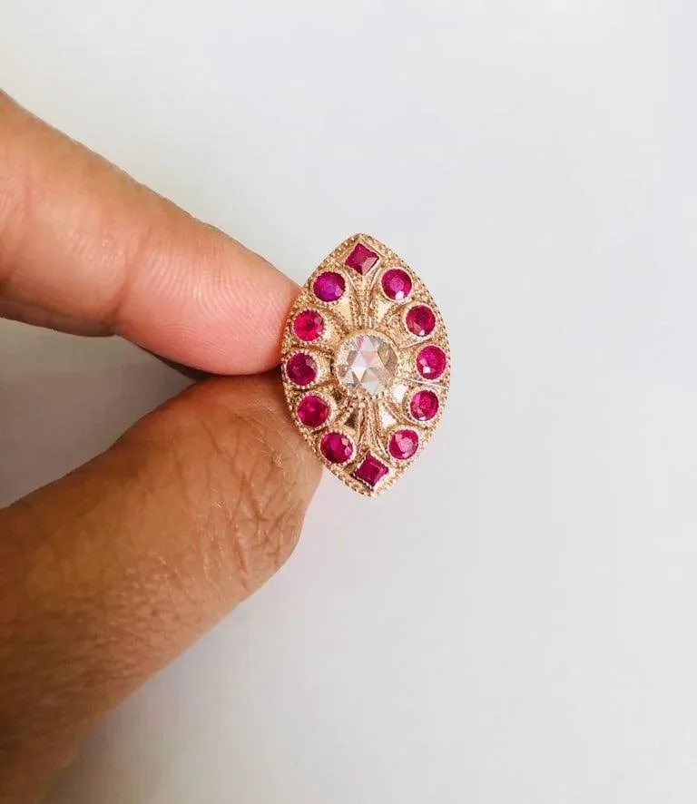 19th Century 2.09 Carat Ruby and Rose Cut Diamond 14 Karat Rose Gold Cocktail Ring, Size 7 - 4