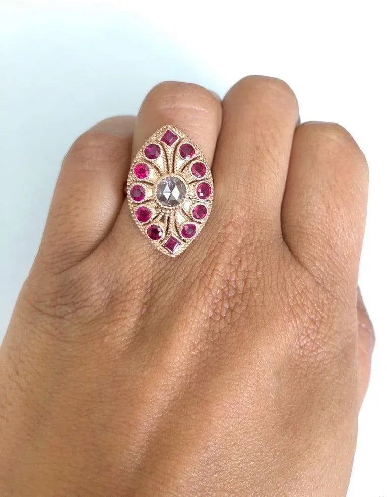 19th Century 2.09 Carat Ruby and Rose Cut Diamond 14 Karat Rose Gold Cocktail Ring, Size 7 - 5