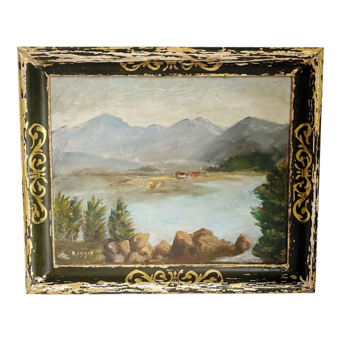 1930's Landscape Painting in Distressed Frame, Antique Acrylic Mountain and Lake Landscape (1 of 10)