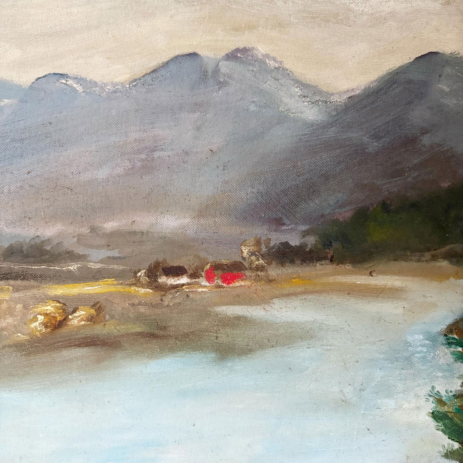 1930's Landscape Painting in Distressed Frame, Antique Acrylic Mountain and Lake Landscape - 3