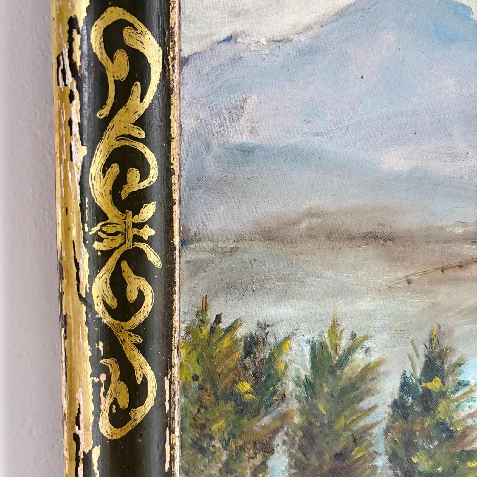 1930's Landscape Painting in Distressed Frame, Antique Acrylic Mountain and Lake Landscape - 5