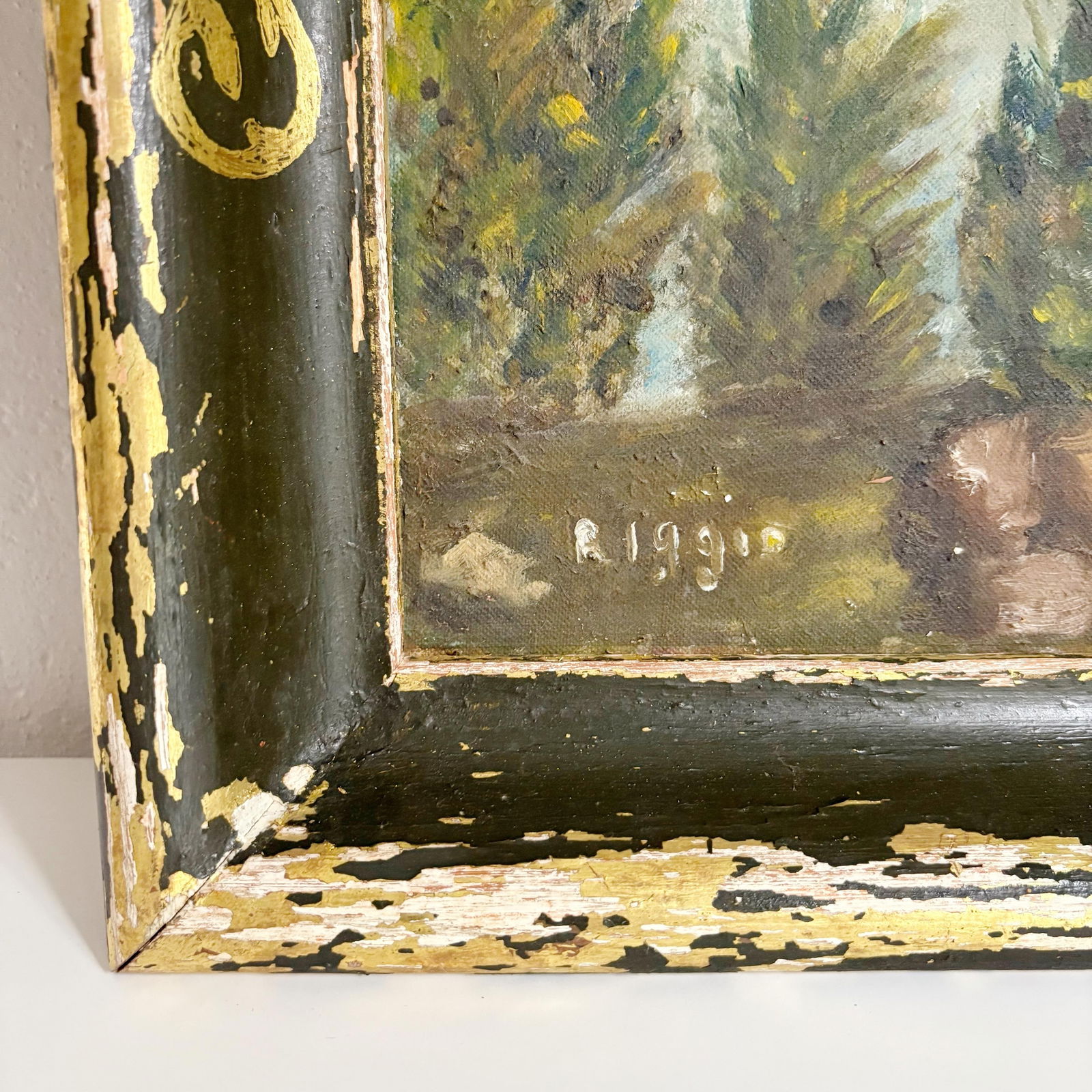 1930's Landscape Painting in Distressed Frame, Antique Acrylic Mountain and Lake Landscape - 7