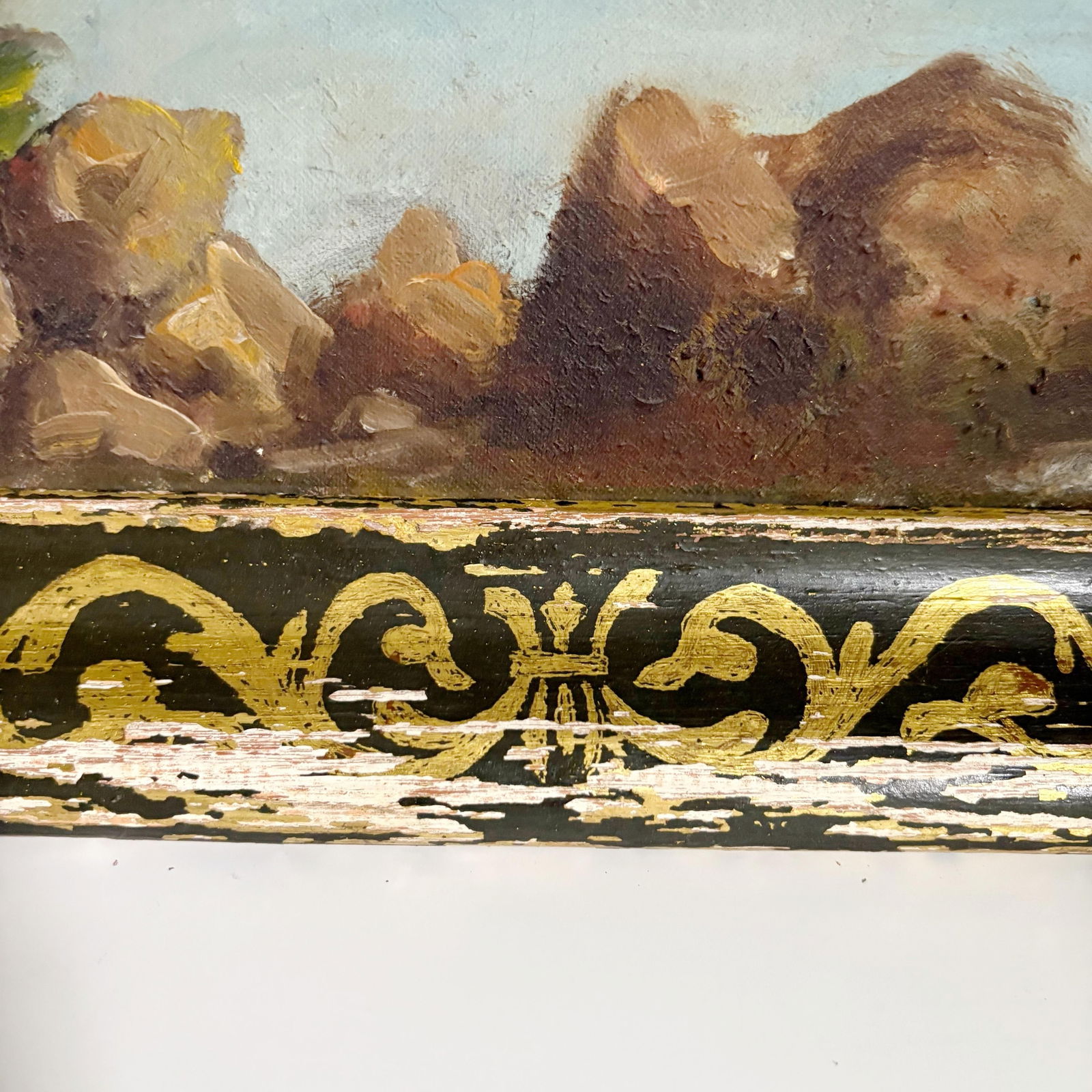 1930's Landscape Painting in Distressed Frame, Antique Acrylic Mountain and Lake Landscape - 8