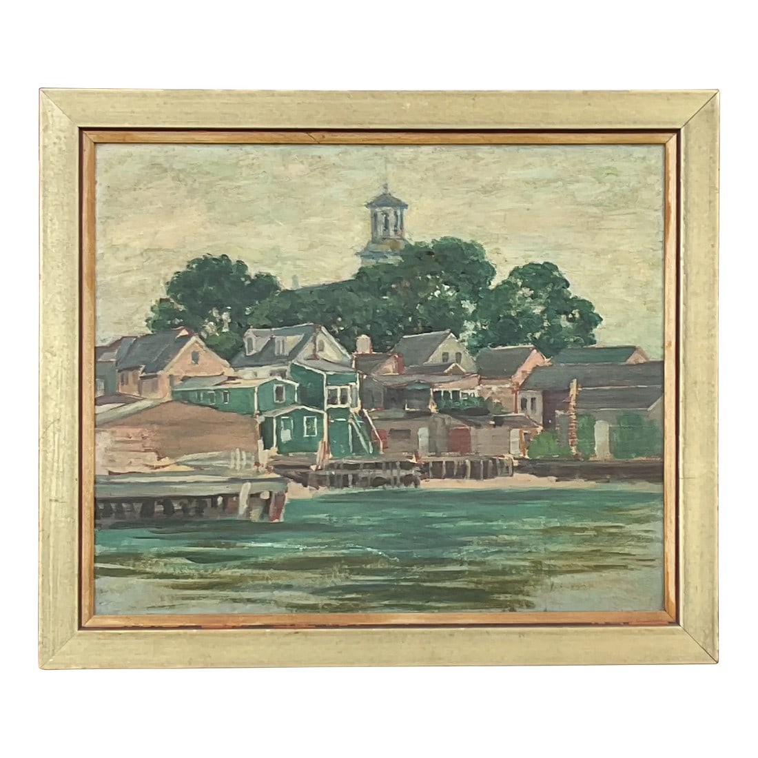 1940s Vintage Coastal Painting: In the style of the Providence University artists mid -century oil on canvas. Beautifully executed with vibrant colors in the Regional genre. Original mounting and frame. Condition: Original
